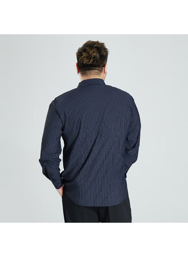 Ayoupang Summer Plus Size Pullover Striped Long-sleeve Shirt, Loose Fit For Chubby Men, Ice Silk High-elasticity Wrinkle-resistant Non-iron Dress Shirt - Image 1