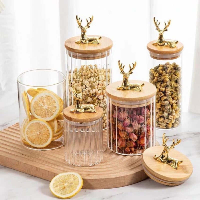 Clear Glass Candy Containers Set with Deer Shape Tight Wooden Lid (Capacity: 750ml, 550ml, 350ml) - Image 1