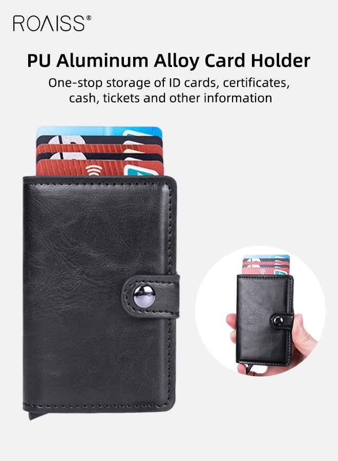 roaiss Anti-Magnetic Anti-Theft Card Bag for Men PU Leather Functional Rfid Card Holder Wallet Aluminum Alloy Automatic Pop-Up Card Bag Black - Image 3
