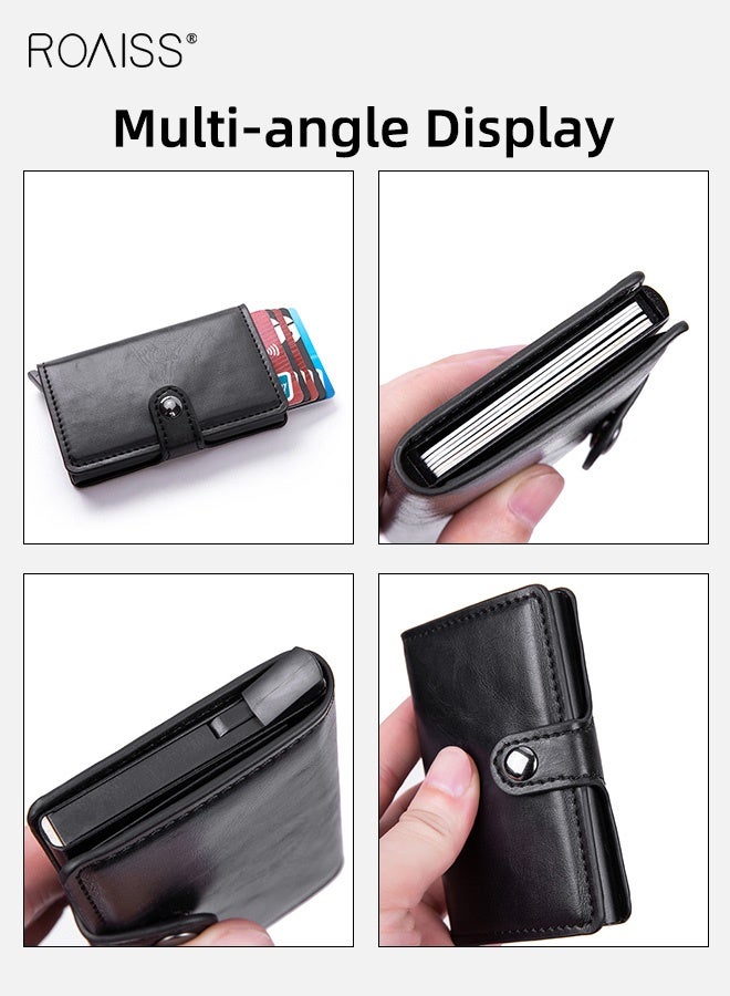 roaiss Anti-Magnetic Anti-Theft Card Bag for Men PU Leather Functional Rfid Card Holder Wallet Aluminum Alloy Automatic Pop-Up Card Bag Black - Image 5