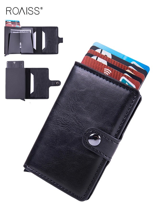 roaiss Anti-Magnetic Anti-Theft Card Bag for Men PU Leather Functional Rfid Card Holder Wallet Aluminum Alloy Automatic Pop-Up Card Bag Black - Image 1