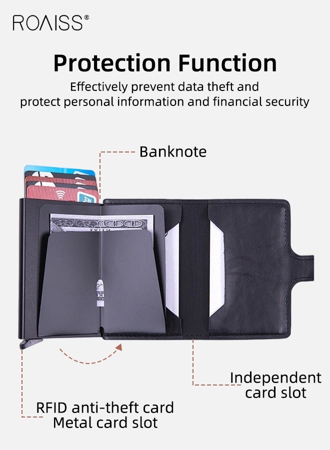 roaiss Anti-Magnetic Anti-Theft Card Bag for Men PU Leather Functional Rfid Card Holder Wallet Aluminum Alloy Automatic Pop-Up Card Bag Black - Image 2