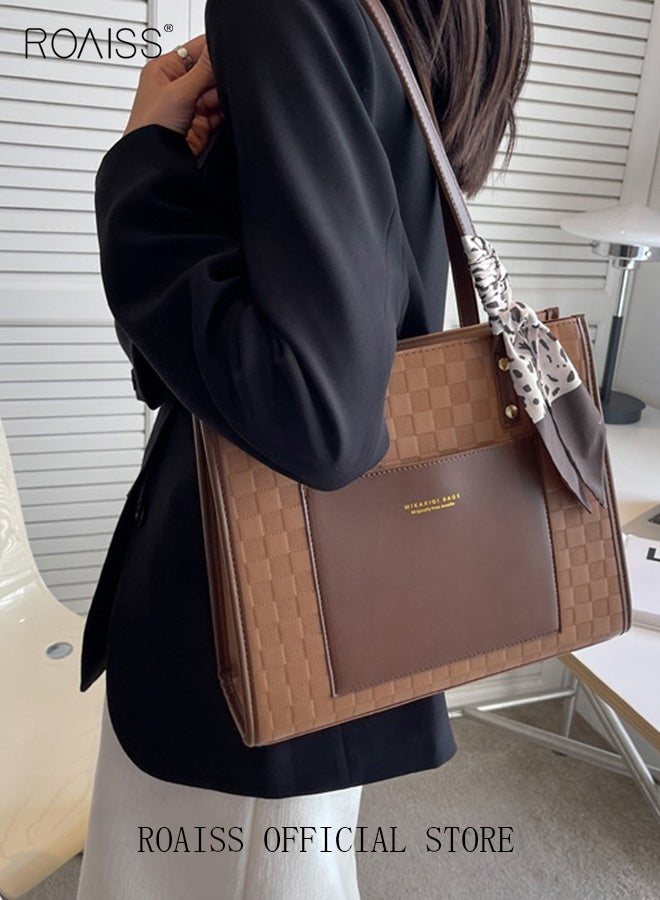 roaiss Women Leather Two Tone Tote Bag Ladies Geometric & Letter Embossed Twilly Scarf Decor Shoulder Tote Bag Women's Large Capacity Commuter Shoulder Bag - Image 5