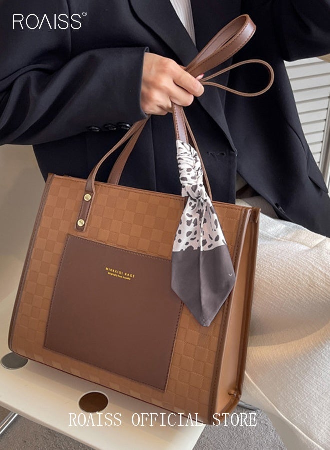 roaiss Women Leather Two Tone Tote Bag Ladies Geometric & Letter Embossed Twilly Scarf Decor Shoulder Tote Bag Women's Large Capacity Commuter Shoulder Bag - Image 3