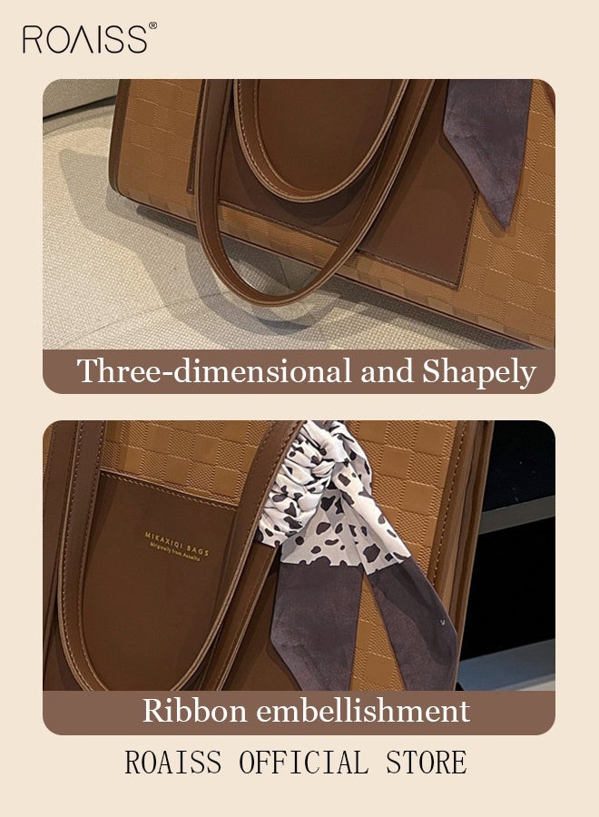 roaiss Women Leather Two Tone Tote Bag Ladies Geometric & Letter Embossed Twilly Scarf Decor Shoulder Tote Bag Women's Large Capacity Commuter Shoulder Bag - Image 4