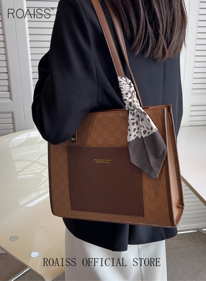 roaiss Women Leather Two Tone Tote Bag Ladies Geometric & Letter Embossed Twilly Scarf Decor Shoulder Tote Bag Women's Large Capacity Commuter Shoulder Bag - Image 1