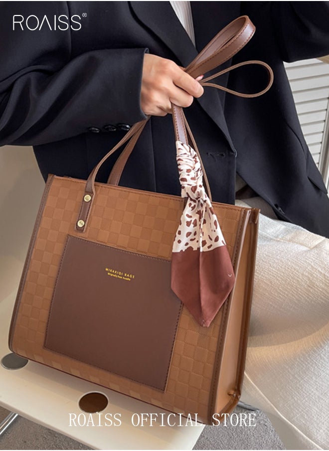 roaiss Women Leather Two Tone Tote Bag Ladies Geometric & Letter Embossed Twilly Scarf Decor Shoulder Tote Bag Women's Large Capacity Commuter Shoulder Bag  - Image 1