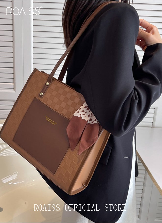 roaiss Women Leather Two Tone Tote Bag Ladies Geometric & Letter Embossed Twilly Scarf Decor Shoulder Tote Bag Women's Large Capacity Commuter Shoulder Bag  - Image 5