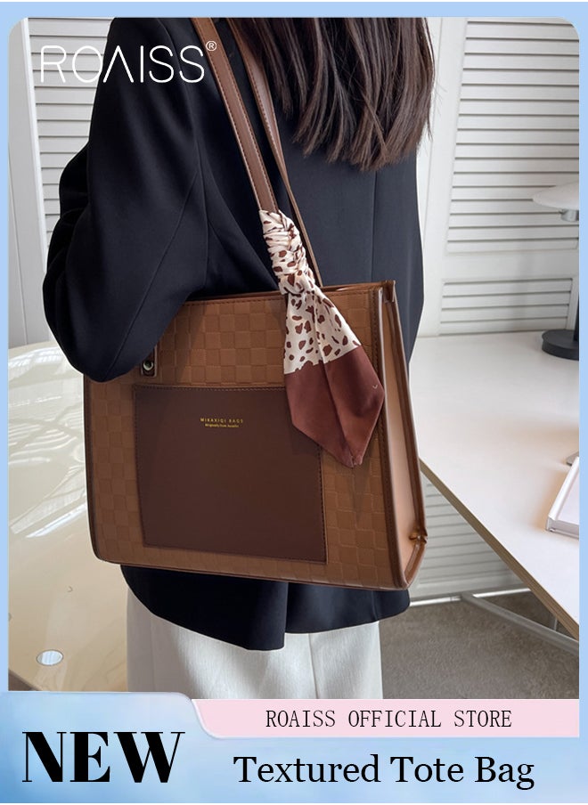 roaiss Women Leather Two Tone Tote Bag Ladies Geometric & Letter Embossed Twilly Scarf Decor Shoulder Tote Bag Women's Large Capacity Commuter Shoulder Bag  - Image 2