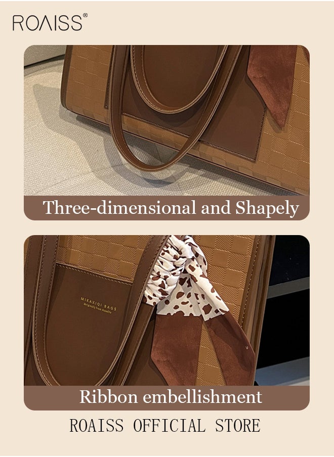 roaiss Women Leather Two Tone Tote Bag Ladies Geometric & Letter Embossed Twilly Scarf Decor Shoulder Tote Bag Women's Large Capacity Commuter Shoulder Bag  - Image 4