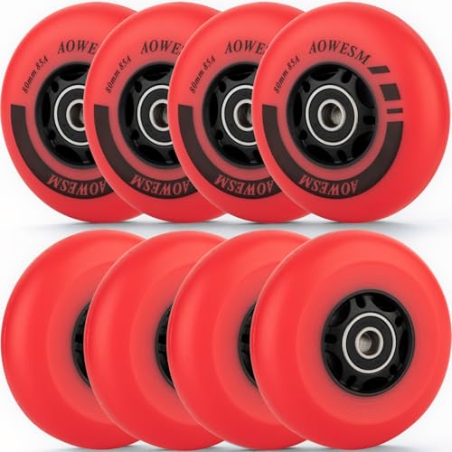AOWESM Inline Skate Wheels 80mm 76mm 72mm 85a Outdoor Indoor Roller Blade Wheel Black Blue Red Roller Hockey Replacement Wheels w/Bearings ABEC-9 and Floating Spacers (8-Pack) (Red, 76mm) - Image 1