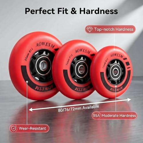 AOWESM Inline Skate Wheels 80mm 76mm 72mm 85a Outdoor Indoor Roller Blade Wheel Black Blue Red Roller Hockey Replacement Wheels w/Bearings ABEC-9 and Floating Spacers (8-Pack) (Red, 76mm) - Image 4