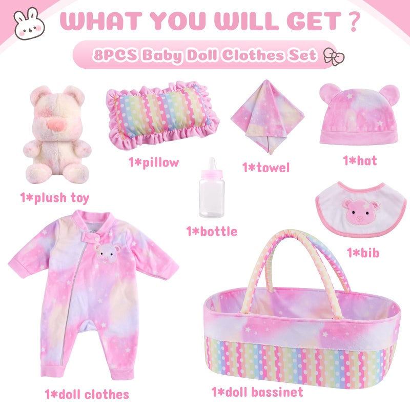 BABESIDE 8 Pcs Reborn Baby Doll Clothes with Bassinet for 17-22 Inch Babydolls  Reborn Baby Doll Accessories fit Newborn Baby Dolls Girls  Colorful Baby Dolls Clothes - Image 4