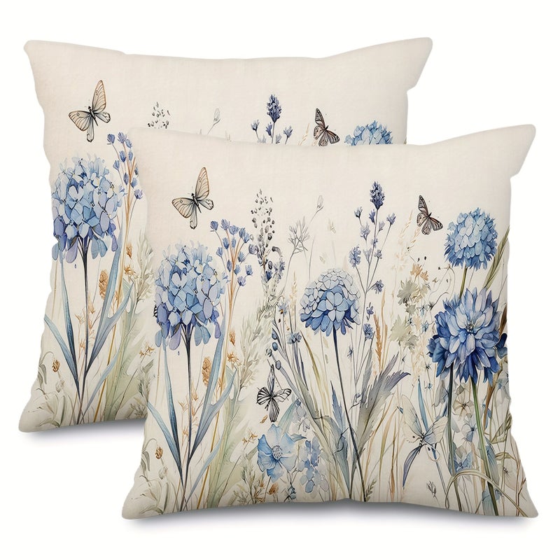18x18 Spring Flowers Pillow Covers Watercolor Blue Hydrangeas Wildflowers Butterflies Design Decorative Throw Pillow Cases Machine Washable - Image 1