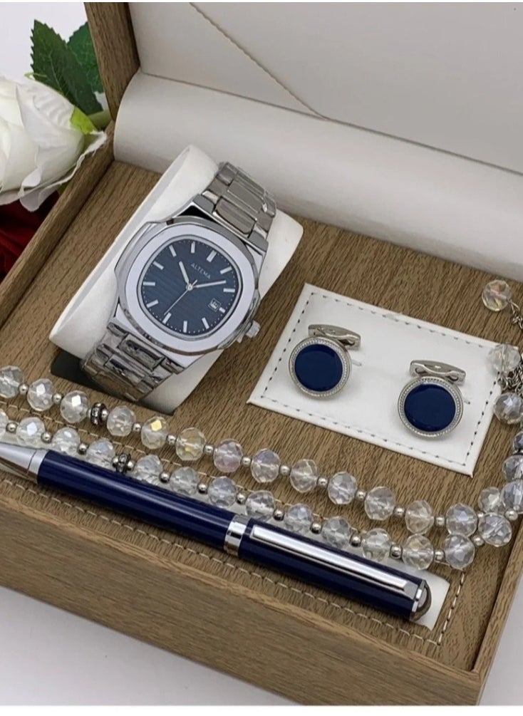 Rivoli Men's Watch Set of 4 Pieces Wrist Watch with Rosary Fountain Pen Button 