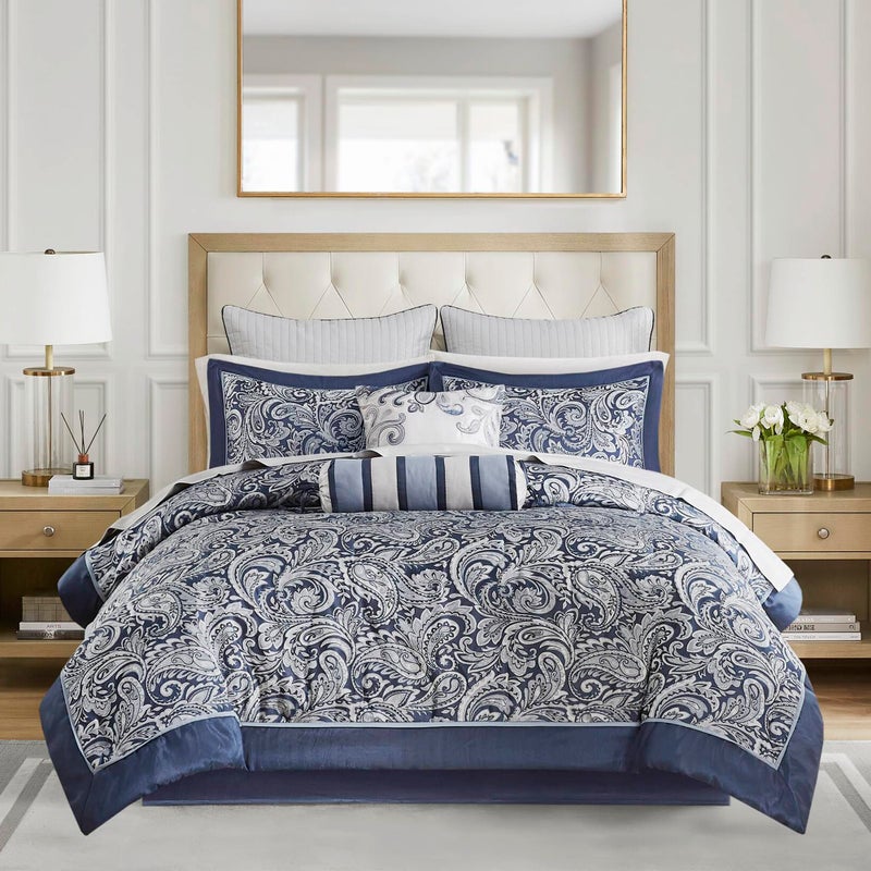 Madison Park Aubrey Cozy Comforter Set, Faux Silk Jacquard Paisley Design - All Season Down Alternative Bedding with Cotton Bed Sheets, Bed Skirt & Toss Pillows, California King Navy 12 Piece - Image 1