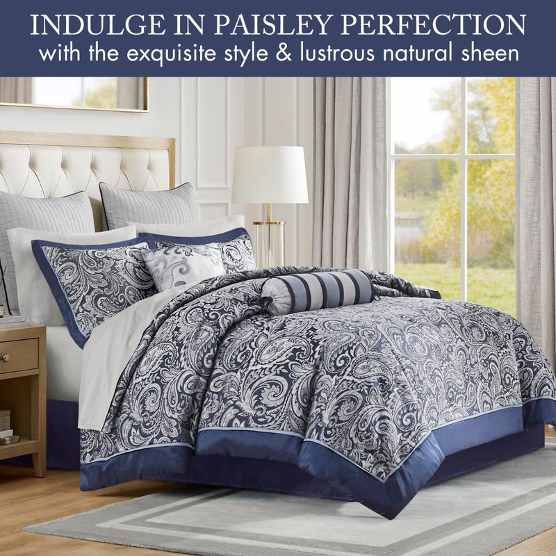 Madison Park Aubrey Cozy Comforter Set, Faux Silk Jacquard Paisley Design - All Season Down Alternative Bedding with Cotton Bed Sheets, Bed Skirt & Toss Pillows, California King Navy 12 Piece - Image 2
