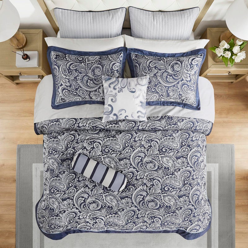 Madison Park Aubrey Cozy Comforter Set, Faux Silk Jacquard Paisley Design - All Season Down Alternative Bedding with Cotton Bed Sheets, Bed Skirt & Toss Pillows, California King Navy 12 Piece - Image 3