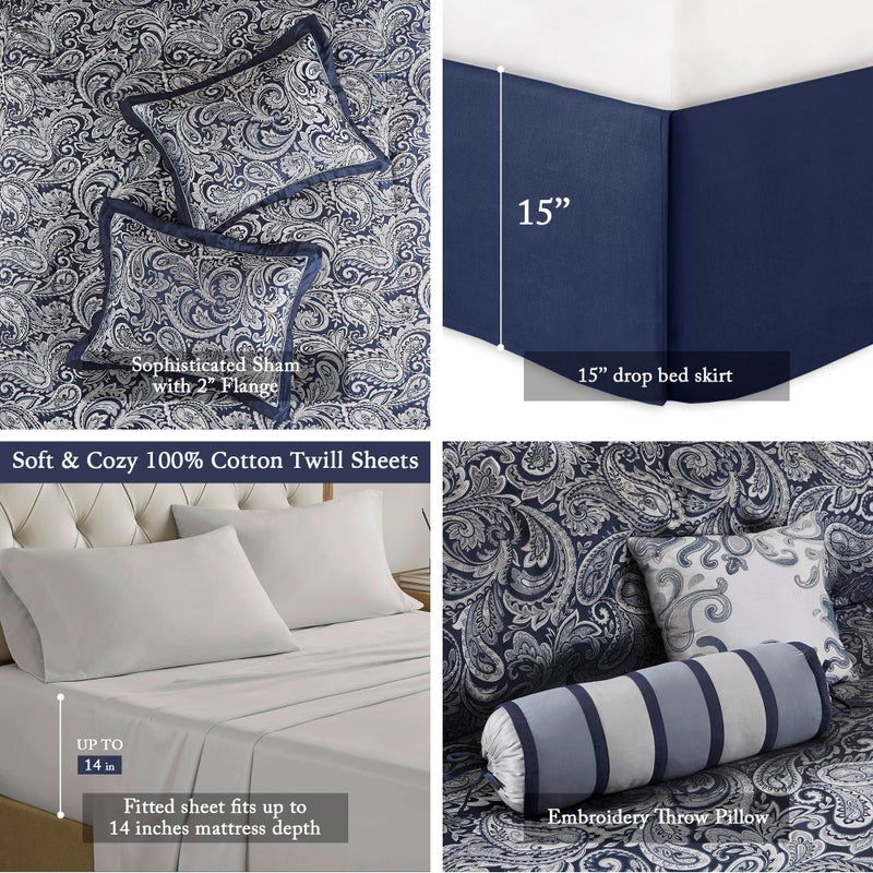 Madison Park Aubrey Cozy Comforter Set, Faux Silk Jacquard Paisley Design - All Season Down Alternative Bedding with Cotton Bed Sheets, Bed Skirt & Toss Pillows, California King Navy 12 Piece - Image 4