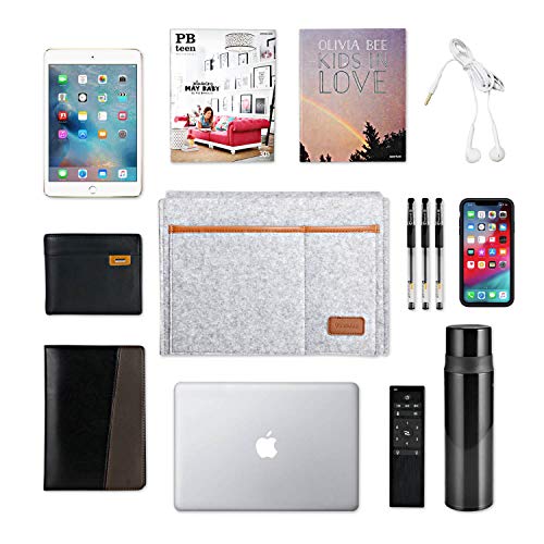 WantuSee Bedside Caddy, Felt Bed Storage Organizer Hanging Bag Holder with 5 Pockets, Magazine Book Phone Tablet iPad Cables Remote and Water Bottle Holder for Home Dorm Bed Sofa, Light Gray - Image 5