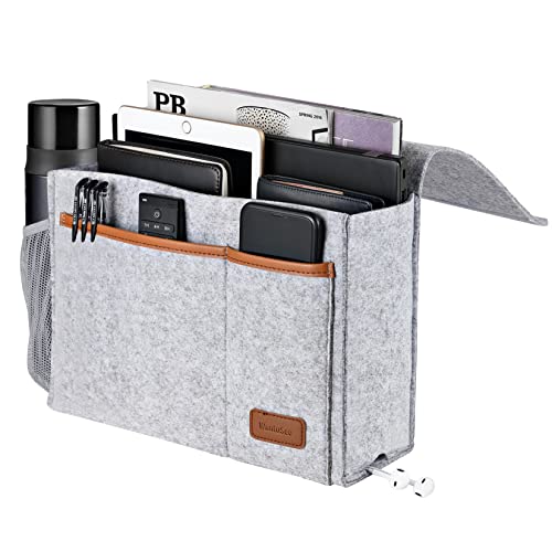 WantuSee Bedside Caddy, Felt Bed Storage Organizer Hanging Bag Holder with 5 Pockets, Magazine Book Phone Tablet iPad Cables Remote and Water Bottle Holder for Home Dorm Bed Sofa, Light Gray - Image 1