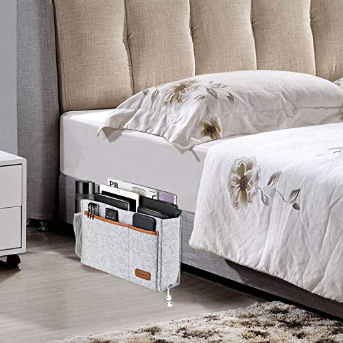 WantuSee Bedside Caddy, Felt Bed Storage Organizer Hanging Bag Holder with 5 Pockets, Magazine Book Phone Tablet iPad Cables Remote and Water Bottle Holder for Home Dorm Bed Sofa, Light Gray - Image 3