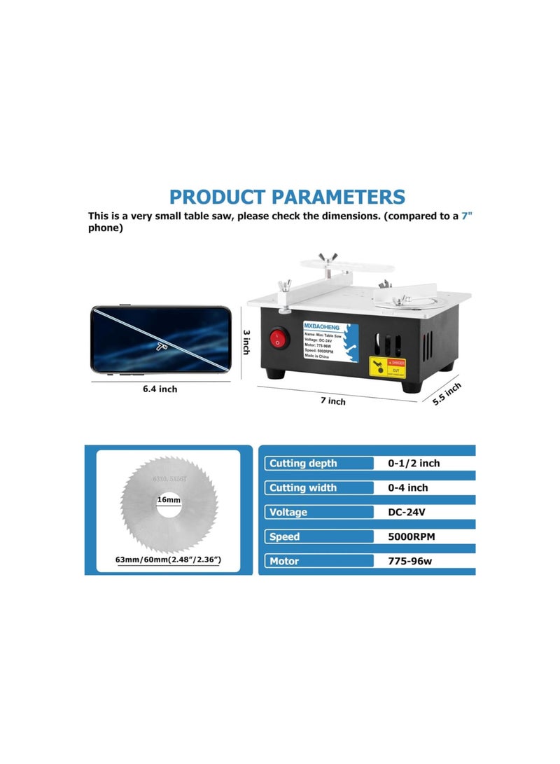 Mini Table Saw S2 Portable Precision Table Saws for Crafts, 1/2 Cut Depth, w/ 4 Blades, 96W Adjustable Speed Power Supply, for Wood Metal Plastic Cutting - Image 3