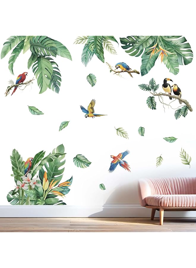 S-TOP Tropical Leaves Wall Stickers for Women: Peel and Stick Green Plant Hanging Leaf Birds Wall Decals - Living Room Bedroom Nursery Home Vinyl Decor - Image 1