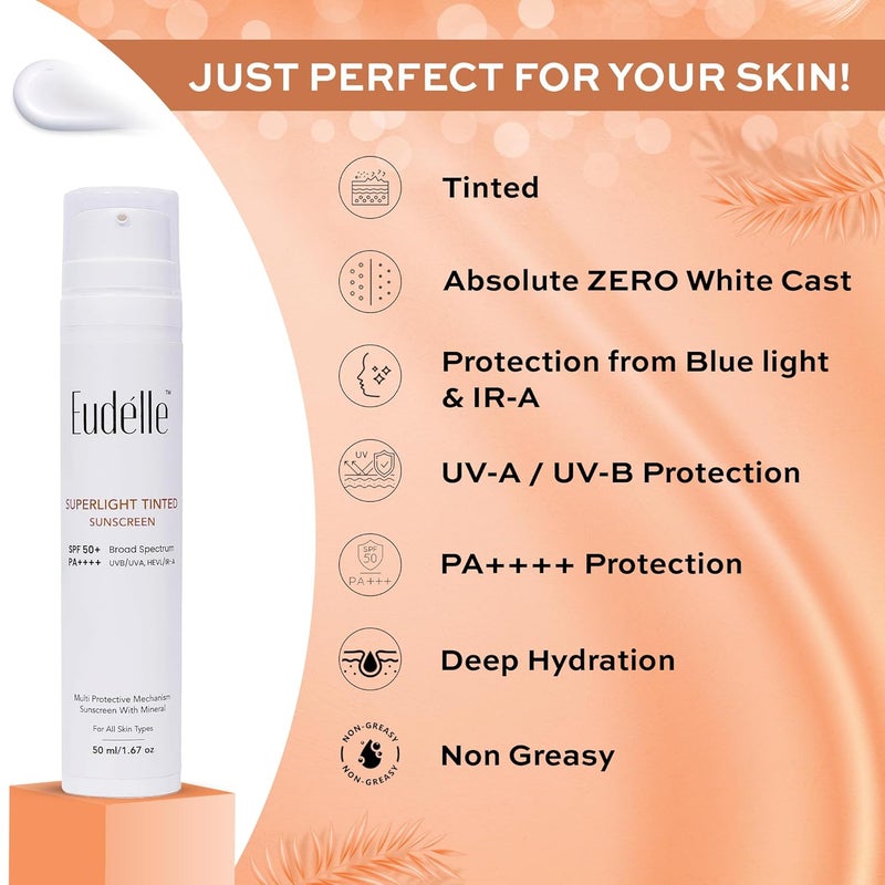 Eudelle Superlight Tinted Sunscreen  Crme Hydrante Moisturizer with SPF15  SPF 50  PA  Tinted Sunscreen  No White Cast  Lightweight Formulation  Reduce Wrinkles  Fine Lines  Nourishes skin  Deeply Hydrating  Strenghten Skins Natural Barrier  Even Tone  For ALL SKIN TYPES  50ml  50ml - Image 2