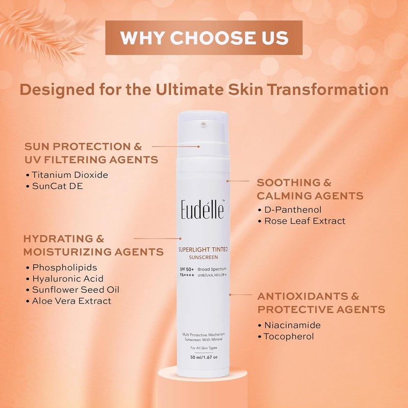Eudelle Superlight Tinted Sunscreen  Crme Hydrante Moisturizer with SPF15  SPF 50  PA  Tinted Sunscreen  No White Cast  Lightweight Formulation  Reduce Wrinkles  Fine Lines  Nourishes skin  Deeply Hydrating  Strenghten Skins Natural Barrier  Even Tone  For ALL SKIN TYPES  50ml  50ml - Image 4