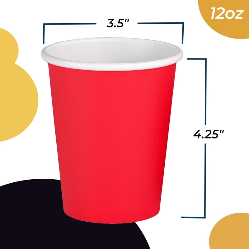 Party Solids Red Paper Cups 12 oz Durable Disposable Cups 100 Paper Tumblers for Hot Drinks and Cold Drinks Thick 280 GSM Hot Cup for Tea & Coffee Cup To Go Fun Colors for Parties & Events - Image 3