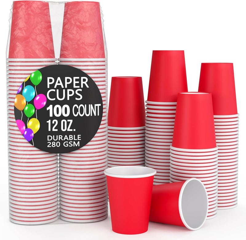 Party Solids Red Paper Cups 12 oz Durable Disposable Cups 100 Paper Tumblers for Hot Drinks and Cold Drinks Thick 280 GSM Hot Cup for Tea & Coffee Cup To Go Fun Colors for Parties & Events - Image 1