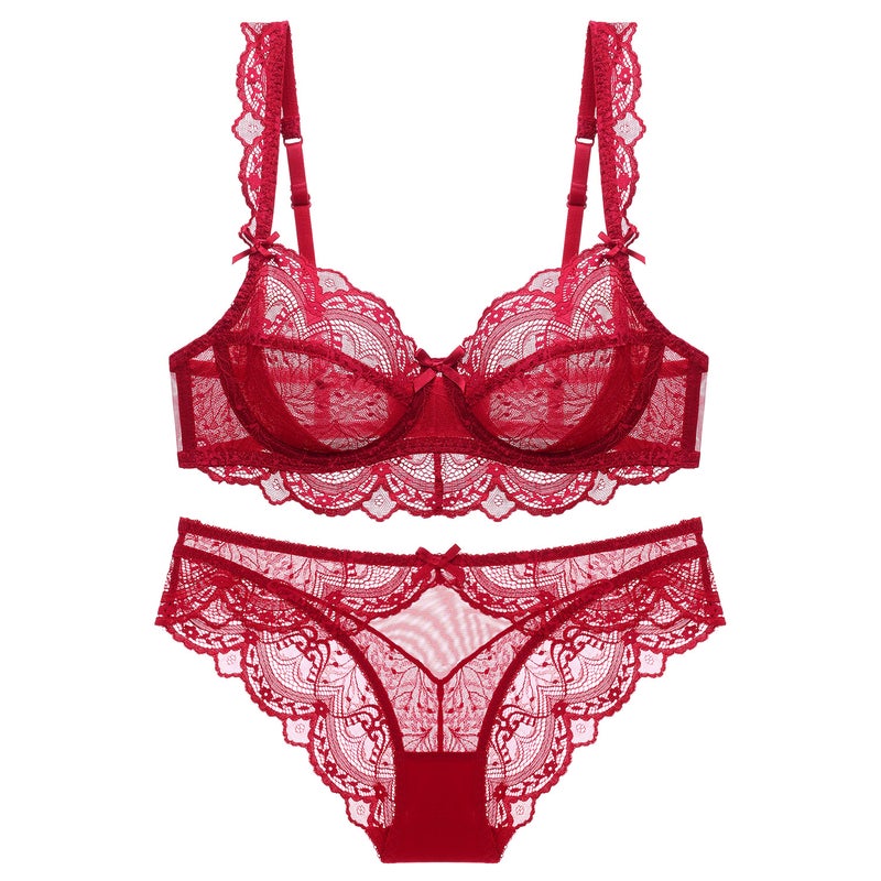 Plus Size Ultra-Thin Bra Suit Red Benmingnian Underwear Big Chest Small Lace Temptation Fun Bra - Image 2