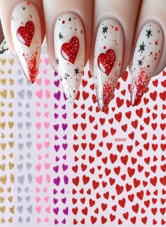 SPLOCUDU 10 Sheets Heart Nail Stickers Valentine's Day Glitter Love Heart Nail Sticker Silvery/Golden/Pink/Red/Purple Hearts Nails Decals Nail Tips for Manicure Decoration - Image 1