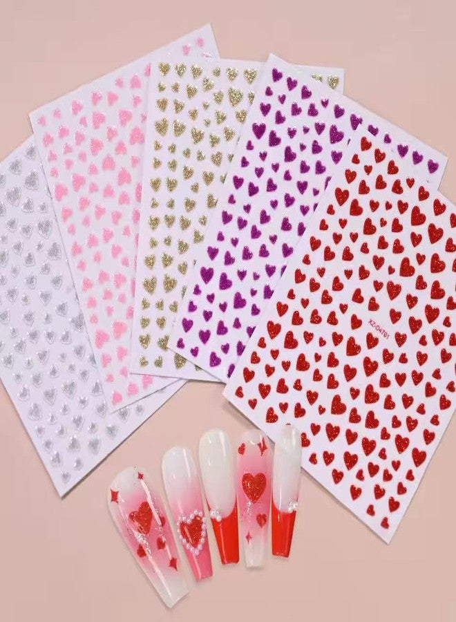 SPLOCUDU 10 Sheets Heart Nail Stickers Valentine's Day Glitter Love Heart Nail Sticker Silvery/Golden/Pink/Red/Purple Hearts Nails Decals Nail Tips for Manicure Decoration - Image 5