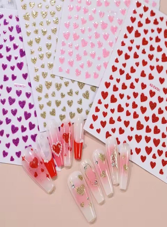 SPLOCUDU 10 Sheets Heart Nail Stickers Valentine's Day Glitter Love Heart Nail Sticker Silvery/Golden/Pink/Red/Purple Hearts Nails Decals Nail Tips for Manicure Decoration - Image 4