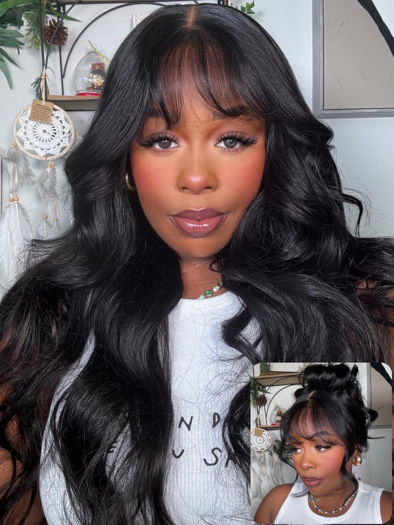 UNICE Pre Everything Body Wave 13x4 Lace Front Wigs Human Hair with Curtain Bangs Glueless Wig Human Hair Pre Plucked Pre Cut Lace Bleached Knots Ready to Wear Frontal Wig Black Color 18 inches - Image 1