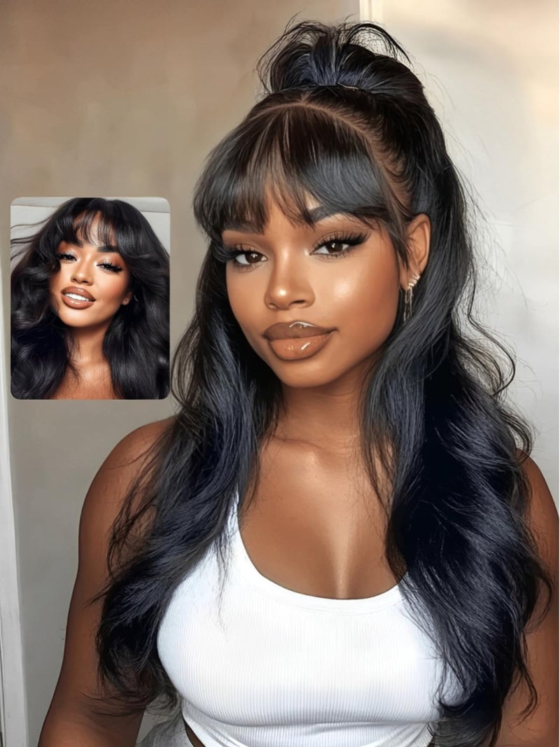 UNICE Pre Everything Body Wave 13x4 Lace Front Wigs Human Hair with Curtain Bangs Glueless Wig Human Hair Pre Plucked Pre Cut Lace Bleached Knots Ready to Wear Frontal Wig Black Color 18 inches - Image 5
