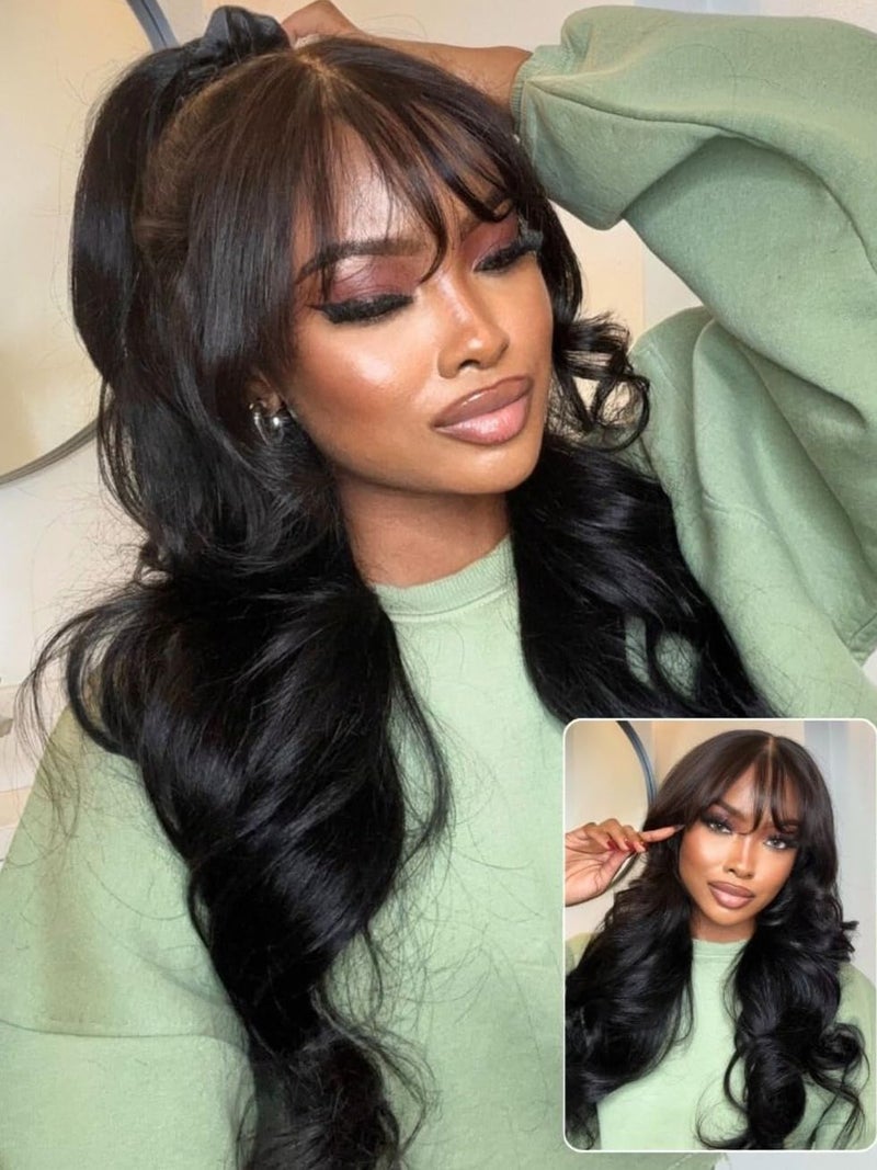 UNICE Pre Everything Body Wave 13x4 Lace Front Wigs Human Hair with Curtain Bangs Glueless Wig Human Hair Pre Plucked Pre Cut Lace Bleached Knots Ready to Wear Frontal Wig Black Color 18 inches - Image 2