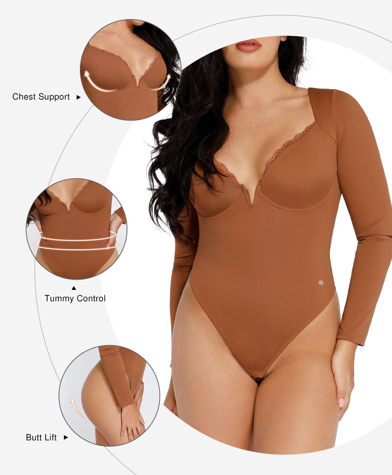 Popilush Brown Long Sleeve Bodysuit for Women Lace Shapewear Body Suits Deep V Tummy Control Corset Trendy Going Out Tops - Image 3