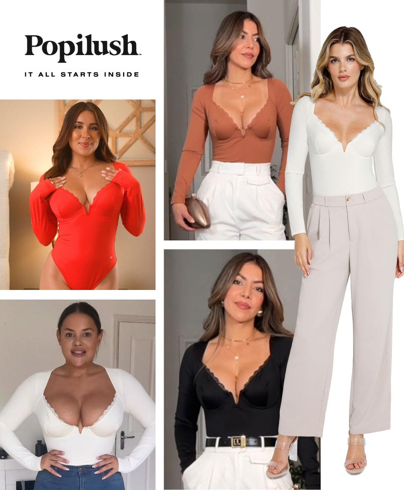 Popilush Brown Long Sleeve Bodysuit for Women Lace Shapewear Body Suits Deep V Tummy Control Corset Trendy Going Out Tops - Image 2