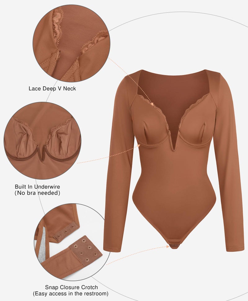 Popilush Brown Long Sleeve Bodysuit for Women Lace Shapewear Body Suits Deep V Tummy Control Corset Trendy Going Out Tops - Image 4