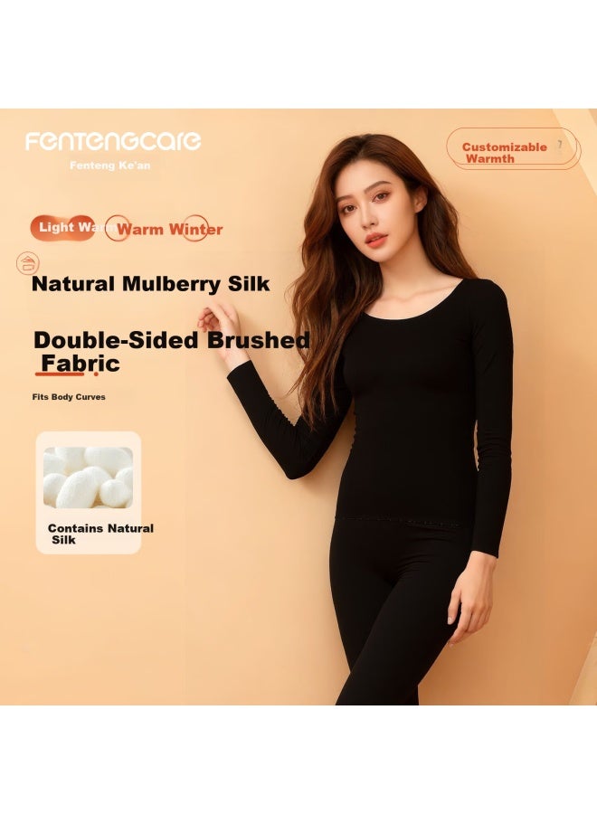Fentengcare Women's Double-sided Fleece Lined Thermal Underwear Set With Silk And Wool, Autumn Top And Bottom Yr - Image 1