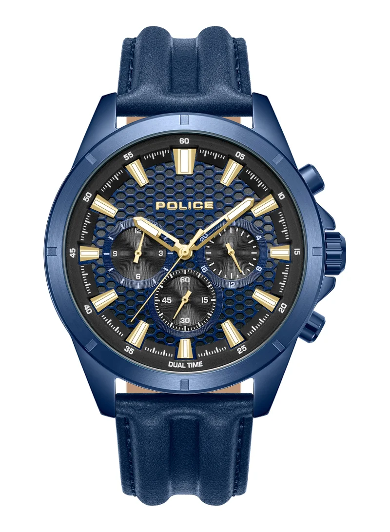 بوليس ساعة مالاوي للرجال بقرص أزرق وسوار جلد أسود متعددة الوظائف -  مم