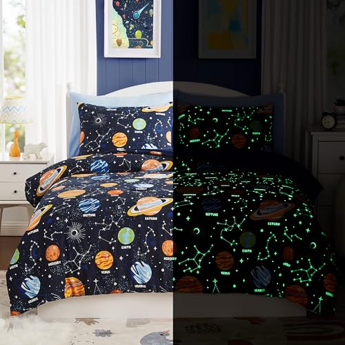 Kaleido Space Full Kids Comforter Set - 7 Pieces Full Bedding Sets for Boys Girls Teen, Glow in The Dark Space Bed in A Bag with Sheets - Image 1