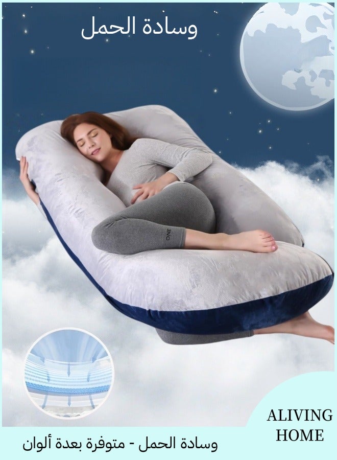 أَليفينجهوم مخدة حوامل  للنوم، وسادة حمل على شكل حرف G لدعم الأمومة لكامل الجسم، وسادة للحوامل بغطاء مخملي قابل للإزالة من القطن، مخدة دعم الأمومة لكامل الجسم (أزرق+رمادي) - Image 1