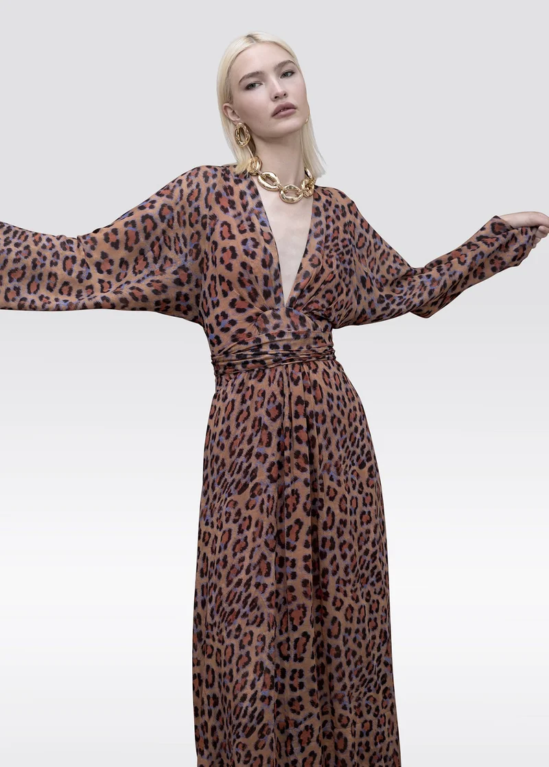 لولا كساديمونت Long Dress Wide Sleeve Adjustable Belt Animal Print