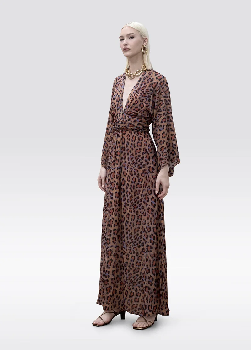 لولا كساديمونت Long Dress Wide Sleeve Adjustable Belt Animal Print