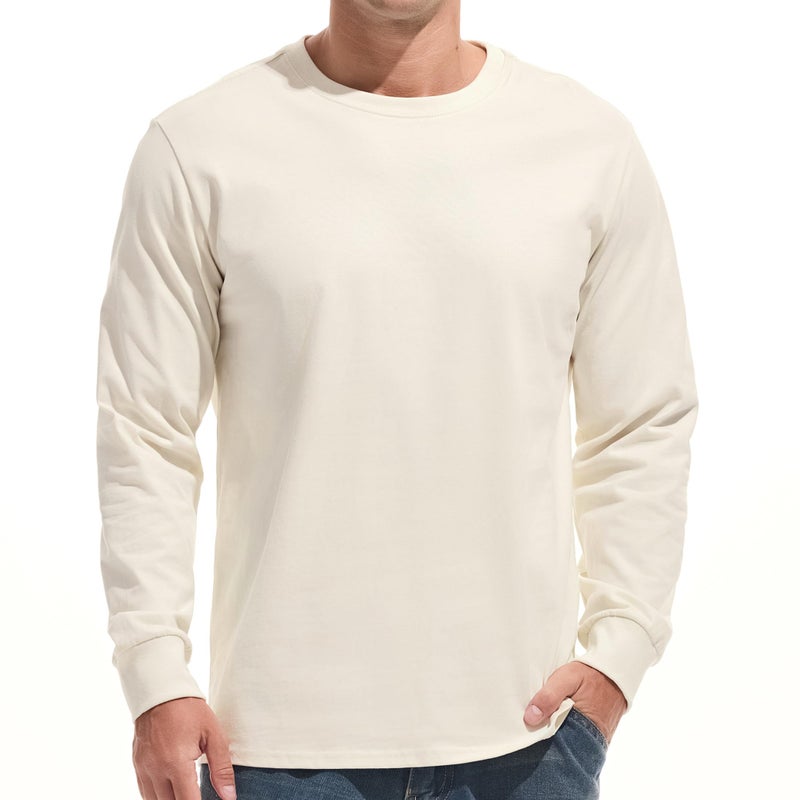 VEIISAR Mens Heavy Weight Crew Neck Long Sleeve T Shirt Mens 100 Cotton Thick Pre Shrunk Shirts Beige M - Image 2