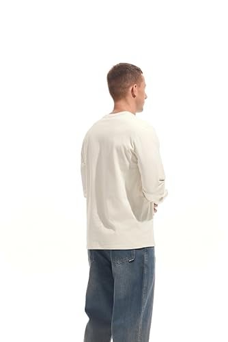 VEIISAR Mens Heavy Weight Crew Neck Long Sleeve T Shirt Mens 100 Cotton Thick Pre Shrunk Shirts Beige M - Image 3